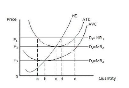 Consider the following figure that shows the demand and the cost curves of a perfectly competitive firm. _____, the firm will shut down in the short run. ​ Figure 8.6 ​   A) At a price of P<sub>1</sub> B) At a price of P<sub>2</sub> C) At a price below P<sub>3</sub> D) At a price above P<sub>1</sub> E) At a price between P<sub>2</sub> and P<sub>3</sub>
