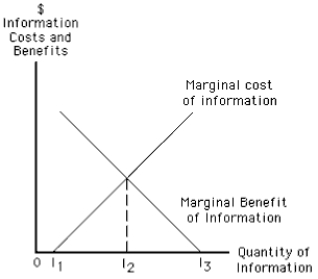 The following figure shows the marginal cost and the marginal benefit of information curves. In the figure given below, the optimal level of search is _____.​ ​ Figure 14.2   A) I<sub>1</sub> B) I<sub>2</sub> C) I<sub>3</sub> D) zero E) not shown