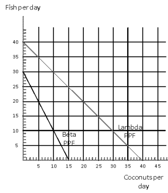 Exhibit 19-1   -Exhibit 19-1 shows the production possibilities frontiers for the countries of Lambda and Beta for fish and coconuts. What is the opportunity cost of a coconut in Lambda? A)  1/2 fish B)  1 fish C)  2 fish D)  21/2 fish E)  cannot tell from the information provided