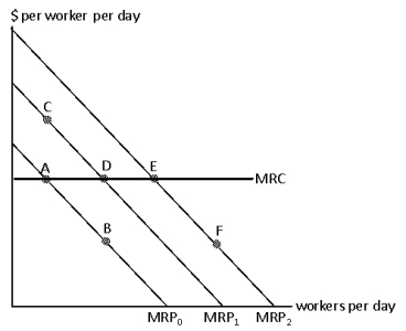 Exhibit 11-12   -Exhibit 11-12 depicts a single firm hiring labor in a perfectly competitive labor market. Initially, the marginal revenue product of labor is represented by MRP<sub>1</sub> and the firm operates at point D. Suppose there is a technological advance that increases the productivity of labor, which point depicts the likely impact on this firm in their hiring decision? A)  point C B)  point E C)  point A D)  point D E)  cannot tell from the information provided