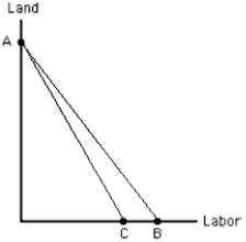 Exhibit 7-19   -In Exhibit 7-19, the rotation from AB to AC reflects a(n)  A)  increase in the price of labor B)  increase in the price of land C)  decrease in the price of labor D)  decrease in the price of land E)  increase in the amount the producer can spend
