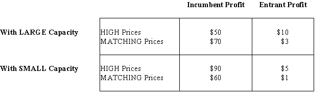 Suppose a new low cost discount firm must decide in advance between introducing LARGE or SMALL capacity in a licensed cable TV market where the incumbent then will decide on a HIGH or MATCHING pricing response.If the following table describes the payoffs from various combinations of these strategies,what capacity will the new entrant choose and why?  