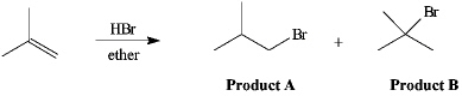 Instructions: The reaction of 2-methylpropene with HBr in ether gives one of the two products below.Answer the following question(s)about this reaction.    Refer to instructions.Which product would have a lower energy transition state for the formation of the intermediate leading to it?<div style=padding-top: 35px> 
