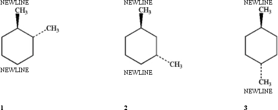 Which of the following structures contain a plane of symmetry?   A) 1 B) 2 C) 3 D) All three contain a plane of symmetry