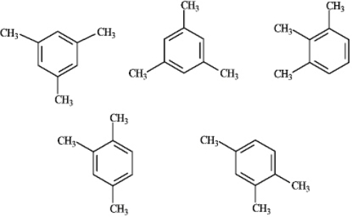 Among the following structures,how many different compounds are represented?   A) 5 B) 4 C) 3 D) 2 E) 1