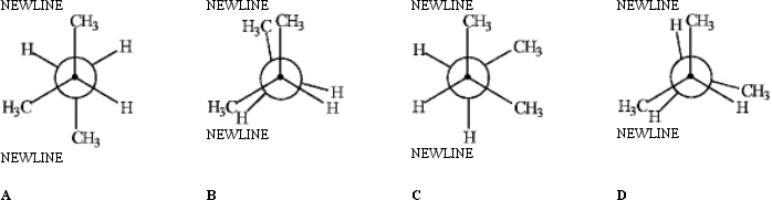 Instructions: Match the Newman projection for the conformation of 2-methylbutane to the indicated position on the potential energy diagram.   -   Refer to instructions.Conformations B and C are represented by the Roman numerals _____ and _____ in the diagram,respectively.