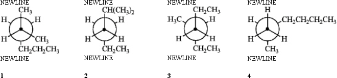 Which of the following Newman projections does not represent 2-methylhexane?   A) 1 B) 2 C) 3 D) 4