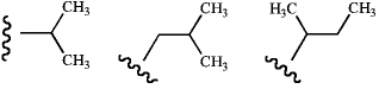 Name these groups (left to right) .   Where   Represents the parent chain. A) sec-propyl,sec-butyl,isobutyl B) isopropyl,isobutyl,sec-butyl C) sec-propyl,tert-butyl,isobutyl D) isopropyl,tert-butyl,isobutyl E) isopropyl,tert-butyl,sec-butyl