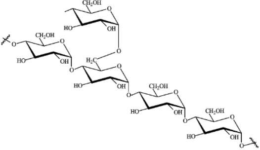 Consider the structure of amylopectin below to answer the following questions.    a)  Circle the glycosidic links that are hydrolyzed in the small intestine. b)  What is the final product of complete hydrolysis of amylpectin? 