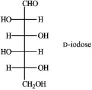 Instructions: Refer to D-iodose below to answer the following question(s) .   Refer to instructions.The Fischer projection for D-iodose (above) corresponds to which pyranose below? A)    B)    C)    D)   