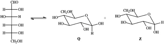Instructions: Consider the reaction below to answer the following question(s).    -Refer to instructions.Place a triangle around the anomeric carbon in compound Q. 