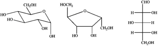 Use the information below to answer the following questions.    a)	Which of the above represent an aldose?  	a. only 1 and 2  	b. only 1 and 3  	c. only 2 and 3  	d. 1, 2 and 3  	  b)	Which of the above would not be oxidized by an aqueous solution of Br2?  	a. only 1  	b. only 2  	c. only 3  	d. all of these 