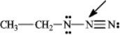 What is the formal charge on the nitrogen atom indicated with the arrow in the following compound?   A) 0 B) -1 C) +1 D) -2 E) +2