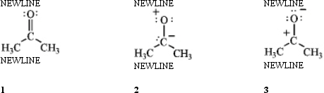 Rank the following in order of decreasing importance as a contributing resonance structure to the molecular structure of acetone,CH<sub>3</sub>COCH<sub>3</sub> (more important > less important) .   A) 1 > 2 > 3 B) 1 > 3 > 2 C) 2 > 1 > 3 D) 3 > 1 > 2