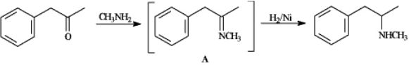 Instructions: Consider the reaction below to answer the following question(s) . Methamphetamine can be synthesized by reacting phenyl-2-propanone with methylamine in the presence of H<sub>2</sub>/Ni.   Refer to instructions.Intermediate A is an example of: A) an imine B) an enamine C) an iminium ion D) an imide