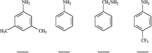 Rank the following compounds in order of increasing basicity.Label the least basic compound  1  and the most basic compound  4 .Place the number corresponding to the compound's rank in the blank below the compound.  