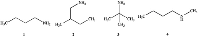  Which of the following compounds are primary (1<sup> \circ </sup>) amines?   A) 1 and 2 B) 1 and 3 C) 1,2 and 3 D) 1,2,3 and 4 