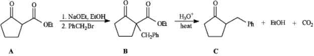 Instructions: Consider the reaction sequence below to answer the following question(s).    -Refer to instructions.Conversion of B into C involves hydrolysis of the ester followed by decarboxylation.On the structures provided below,show the electron flow for the decarboxylation step. 
