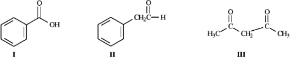 Instructions: Consider the structures below to answer the following question(s) .   Refer to instructions.Rank the molecules above in order of increasing acidity (least acidic to most acidic) . A) III,II,I B) II,III,I C) I,II,III D) II,I,III
