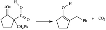 Instructions: Consider the reaction sequence below to answer the following question(s).    - Refer to instructions.Conversion of B into C involves hydrolysis of the ester followed by decarboxylation.On the structures provided below,show the electron flow for the decarboxylation step.   