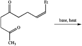 When treated with base and heat,the following diketone undergoes an intramolecular aldol reaction followed by dehydration to produce cis-jasmone,a perfume component.Draw the structure of the product.  