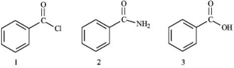 What is the correct assignment of the names of the following substituted benzenes?   A) 1 = benzoyl chloride;2 = benzyl amine;3 = benzyl alcohol B) 1 = benzyl amine;2 = benzoyl chloride;3 = benzamide C) 1 = benzamide;2 = benzoyl chloride;3 = benzoic acid D) 1 = benzoyl chloride;2 = benzamide;3 = benzoic acid