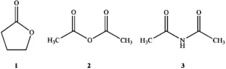 Which of the following is the correct assignment of the classes of the following compounds?   A) 1 = lactone;2 = ester;3 = amide B) 1 = ester;2 = ester;3 = imide C) 1 = ester;2 = imide;3 = amide D) 1 = lactone;2 = anhydride;3 = imide