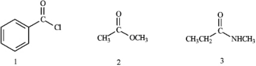 What is the correct assignment of the functional groups in the following compounds?   A) 1 = acid chloride;2 = ester;3 = nitrile B) 1 = carboxylic acid;2 = ester;3 = imide C) 1 = acid chloride;2 = ester;3 = amide D) 1 = acid anhydride;2 = ester;3 = imide
