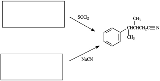 The product shown can be synthesized by two different pathways as shown by the reaction conditions.Draw the structure of starting materials that should be placed in each of the boxes.  