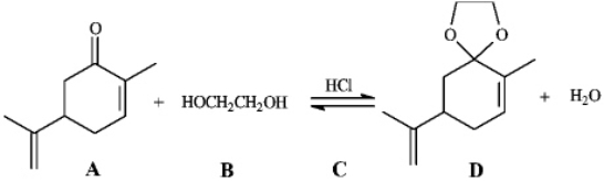 Instructions: Consider the reaction below to answer the following question.     -Refer to instructions.The electrophile,the nucleophile and the catalyst in this reaction are indicated by letters _____,_____,and _____,respectively. A) A B) B C) C D) D