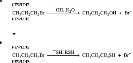 Instructions: Consider the pair of reactions below to answer the following question(s) .   Refer to instructions.If the alkyl halide in each of these reactions was an alkyl chloride instead of the bromide, A) the reaction rate would decrease. B) a better leaving group would be involved. C) a polar aprotic solvent would be needed. D) DG<sup>‡</sup> would be decreased.