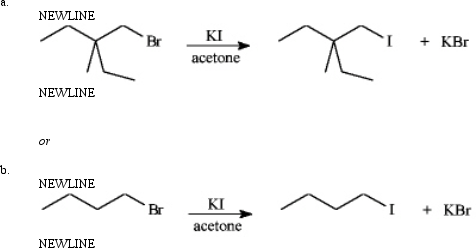 Instructions: Consider the pair of reactions below to answer the following question(s) .    -Refer to instructions.The nucleophile in these reactions is: A) K<sup>+</sup> B) alkyl group C) Br<sup>-</sup> D) I<sup>-</sup>