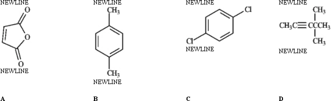Which of the following would produce only singlets in an <sup>1</sup>H NMR spectrum?   A) A B) B C) C D) D E) all of these produce only singlets
