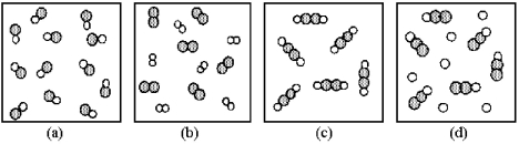 Which of the following drawings represents a collection of acetylene (C<sub>2</sub>H<sub>2</sub>) molecules? The shaded spheres represent carbon atoms and the unshaded spheres represent hydrogen atoms.   A) drawing (a)  B) drawing (b)  C) drawing (c)  D) drawing (d) 