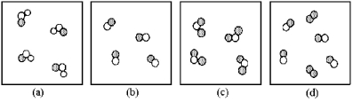 If unshaded spheres represent nitrogen atoms and shaded spheres represent oxygen atoms,which box represents reactants and which represents products for the reaction 2 NO<sub>2</sub>(g) → 2 NO(g) + O<sub>2</sub> (g) ?   A) box (a) reactants and box (b) products B) box (a) reactants and box (d) products C) box (c) reactants and box (b) products D) box (c) reactants and box (d) products