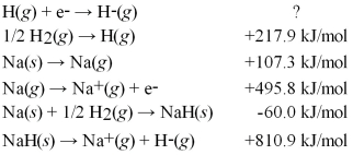 Calculate the electron affinity for the formation of the hydride ion from the following information:   A) -50.1 kJ/mol B) -70.1 kJ/mol C) -816 kJ/mol D) -1632 kJ/mol