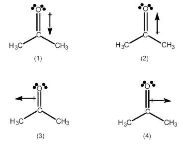 Which best indicates the direction of the dipole moment in acetone, (CH<sub>3</sub>) <sub>2</sub>C=O?   A) drawing (1)  B) drawing (2)  C) drawing (3)  D) drawing (4) 
