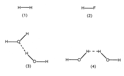 Which drawing best represents hydrogen bonding?   A) drawing (1)  B) drawing (2)  C) drawing (3)  D) drawing (4) 