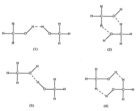 Which drawing below best represents hydrogen bonding methanol,CH<sub>3</sub>OH?   A) drawing (1)  B) drawing (2)  C) drawing (3)  D) drawing (4) 
