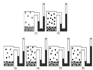 Drawings (1) and (2) show the equilibrium vapor pressures of two pure liquids.Which drawing (3) -(6) represents the equilibrium vapor pressure of a solution made by mixing equal moles of each liquid?   A) drawing (3)  B) drawing (4)  C) drawing (5)  D) drawing (6) 