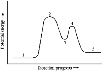 Consider a reaction that occurs by the following mechanism: A + BC → AC + B AC + D → A + CD The potential energy profile for this reaction is shown below.   -Transition states occur at which reaction stages? A) reaction stages 1 and 5 B) reaction stages 2,3,and 4 C) reaction stages 2 and 4 D) reaction stage 3