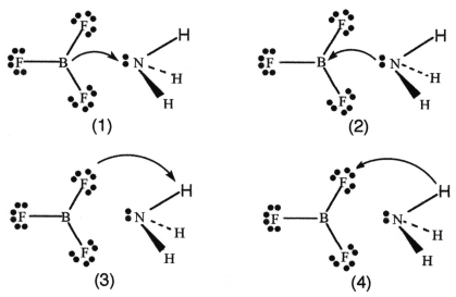 BF<sub>3</sub> and NH<sub>3</sub> undergo a Lewis acid-base reaction forming an adduct.Which picture below correctly represents the curved arrow notation for the initial Lewis acid-Lewis base interaction in this reaction;what is the Lewis acid and the Lewis base?   A) Picture (1) is correct;NH<sub>3</sub> is the Lewis acid and BF<sub>3</sub> is the Lewis base. B) Picture (2) is correct;BF<sub>3</sub> is the Lewis acid and NH<sub>3</sub> is the Lewis base. C) Picture (3) is correct;NH<sub>3 </sub>is the Lewis acid and BF<sub>3</sub> is the Lewis base. D) Picture (4) is correct;BF<sub>3</sub> is the Lewis acid and NH<sub>3</sub> is the Lewis base.