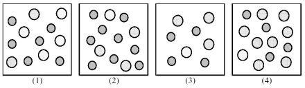 The following pictures represent solutions of AgCl,which may also contain ions other than Ag<sup>+</sup> and Cl<sup>-</sup> which are not shown.Gray spheres represent Ag<sup>+</sup> ions and dotted spheres represent Cl<sup>-</sup> ions.   -If solution (1) is a saturated solution of AgCl,which of solutions (1) -(4) represents the solution after a small amount of NH<sub>3</sub> is added and equilibrium is restored? A) (1)  B) (2)  C) (3)  D) (4) 
