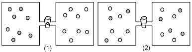 In figure (1) below argon atoms,represented by unshaded spheres,and neon atoms,represented by shaded spheres,are in separate compartments.Figure (2) shows the equilibrium state of the system after the stopcock separating the two compartments is opened.Assuming that argon and neon behave as ideal gases,what are the signs (+,-,or 0) of ΔH,ΔS,and ΔG for this process?   A) ΔH = +,ΔS = -,ΔG = + B) ΔH = 0,ΔS = +,ΔG = - C) ΔH = 0,ΔS = -,ΔG = + D) ΔH = -,ΔS = +,ΔG = -