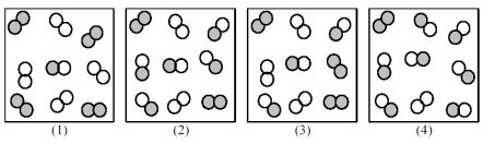 Consider the following gas-phase reaction of A<sub>2</sub> (shaded spheres) and B<sub>2</sub> (unshaded spheres) : A<sub>2</sub>(g) + B<sub>2</sub>(g) ⇌ 2 AB(g) ΔG ° = +25 kJ   -Which of the above reaction mixtures has the least spontaneous forward reaction? A) (1)  B) (2)  C) (3)  D) (4) 