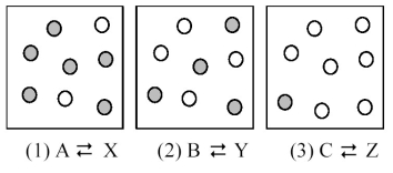 The following pictures represent three equilibrium mixtures for the interconversion of A,B,and C molecules (unshaded spheres) into X,Y,and Z molecules (shaded spheres) ,respectively.What is the sign of ΔG ° for each of the three reactions? A) ΔG °(1) = -;ΔG °(2) = +;ΔG °(3) = 0 B) ΔG °(1) = -;ΔG °(2) = 0;ΔG °(3) = + C) ΔG °(1) = 0;ΔG °(2) = -;ΔG °(3) = + D) ΔG °(1) = +;ΔG °(2) = 0;ΔG °(3) = -