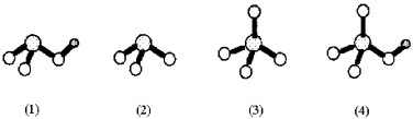 Shown below are four oxoanions of sulfur.Small gray spheres represent hydrogen,unshaded spheres represent oxygen,and dotted spheres represent sulfur.   -Which oxoanion is the weakest base? A) oxoanion (1)  B) oxoanion (2)  C) oxoanion (3)  D) oxoanion (4) 