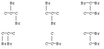 Some of the products from reaction of bromine and propane are shown below.(The hydrogen atoms are not shown in the structures. ) How many are identical structures?   A) 2 B) 3 C) 4 D) All are isomers of each other.
