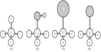   -Which of these molecules above have a partial positive charge (δ+) on the carbon atom? A) only (1)  B) only (3)  C) (1) and (3)  D) (2) and (4) 