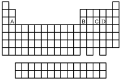 Use the periodic table below to answer the following questions.   -In which pair are both formulas of binary fluorides of element D correct? A) DF<sub>2</sub> and DF<sub>3</sub> B) DF<sub>2</sub> and DF<sub>6</sub> C) DF<sub>3</sub> and DF<sub>5</sub> D) DF<sub>5</sub> and DF<sub>6</sub>